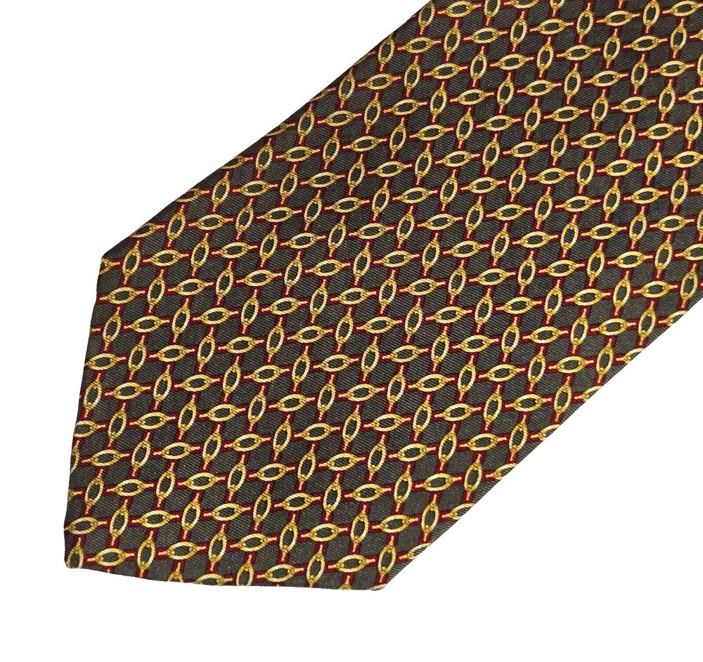 Brooks Brothers Makers Neck Tie Gray Gold Red Geo Link 100% Silk Necktie A299